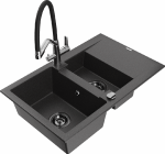 Granitinė virtuvinė plautuvė Mexen Gaspar su mai&scaron;ytuvu ir sifonu, Juodas granite+Juodas/Chrome