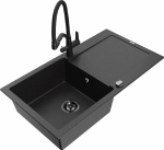 Granitinė virtuvinė plautuvė Mexen Leo su mai&scaron;ytuvu ir sifonu, Metallic juodas/sidabrinis+Juodas