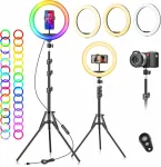 FGRYB 10 cm RGB LED žiedinė lempa su statyvu, reguliuojama spalva ir ry&scaron;kumu, modelis MJ26, tinka makiažui, fotografijai, vaizdo įra&scaron;ams, selfiams