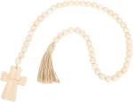 Gorgecraft Girlianda i&scaron; medinių karoliukų su kryžiumi 43,7 (5) cm ilgio velykinė girlianda i&scaron; medinių karoliukų su džiuto virvės kutu palaiminta pavasario dekoracija pakabinamiems židinio papuo&scaron;alams sodybai