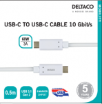 USB-C į USB-C laidas 10 Gbit/s 0,5m, 60W, 3A DELTACO baltas / USBC-1126M