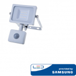 10W LED prožektorius V-TAC, 3000K (&scaron;iltai balta), su judesio davikliu, baltu korpusu, SAMSUNG LED chip