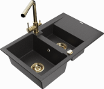 Granitinė virtuvinė plautuvė Mexen Gaspar su mai&scaron;ytuvu ir sifonu, Juodas granite+Gold