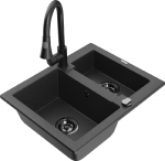 Granitinė virtuvinė plautuvė Mexen Carlos su mai&scaron;ytuvu ir sifonu, Juodas granite+Juodas