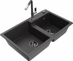 Granitinė virtuvinė plautuvė Mexen Tomas su mai&scaron;ytuvu ir sifonu, Juodas granite+Juodas granite/Chrome