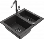 Granitinė virtuvinė plautuvė Mexen Carlos su mai&scaron;ytuvu ir sifonu, Juodas granite+Juodas/Chrome