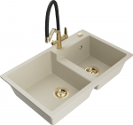 Granitinė virtuvinė plautuvė Mexen Tomas su mai&scaron;ytuvu ir sifonu, rusvai gelsvas+Juodas/Gold