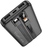 Ne&scaron;iojamas įkroviklis (powerbank) Hoco 10000 mAh 2A su įmontuotais USB C + Lightning kabeliais J118 juodas