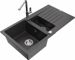 Granitinė virtuvinė plautuvė Mexen Matias su mai&scaron;ytuvu ir sifonu, Juodas granite+Chrome