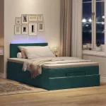 Osmanų lova su čiužiniu ir LED tamsiai žalias 120x190cm aksomas