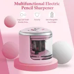 Auauy elektrinis pie&scaron;tukų drožtukas vaikams, maitinamas baterijomis, dvigubos skylės elektrinis universalus drožtukas, skirtas visiems storiems ir ploniems pie&scaron;tukams, spalvotiems pie&scaron;tukams, akių kontūro pie&scaron;tukams, va&scaron;kiniams kreideliams, battery pink