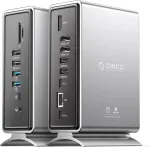 Orico dokas, 15-in-1 ne&scaron;iojamojo kompiuterio dokas su dvigubu 4k ekranu, usb dokas su 2 hdmi, 4k dp, 6 usb-a, 100w pd, rj45, 3.5 mm audio, sd/tf kortelių skaitytuvu, reikia atsisiųsti tvarkyklę, sidabrinis