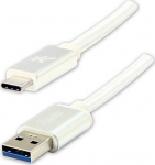 USB kabelio logotipas (3.2 gen 1), USB A M - USB C (M), 2m, 5 Gb/s, 5V/3A, balta, dėžutė, nailono pynė, aliuminio jungties dangtelis