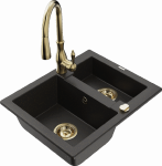 Granitinė virtuvinė plautuvė Mexen Carlos su mai&scaron;ytuvu ir sifonu, Metallic juodas/auksinis+Gold