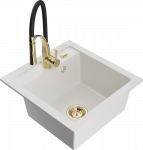 Granitinė virtuvinė plautuvė Mexen Vito su mai&scaron;ytuvu ir sifonu, Baltas+Juodas/Gold