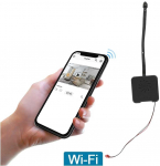 WIFI kameros modulis "Tiny Pro", Akumuliatoriai: 1500 mAh (~5 val), Atminties kortelės talpa: 64 Gb Micro SD (+24 Eur), Maitinimo adapteris: 12-5V (+14 Eur)