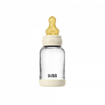 Bibs SEILINTUKAI - stiklinis kūdikių buteliukas, apvalus, lateksinis, lėto srauto - dramblio kaulo spalvos - 120 ml