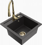 Granitinė virtuvinė plautuvė Mexen Vito su mai&scaron;ytuvu ir sifonu, Juodas granite+Gold