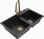 Granitinė virtuvinė plautuvė Mexen Tomas su mai&scaron;ytuvu ir sifonu, Metallic juodas/sidabrinis+Gold