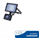 10W LED prožektorius V-TAC, 6400K (&scaron;altai balta), su judesio davikliu, juodu korpusu, SAMSUNG LED chip