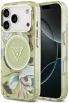 Dėklas Guess IML Glitter Flowers Triangle MagSafe do iPhone 18 Pro Max / 17 Pro Max žalia