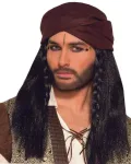 Juodas ilgaplaukis perukas vyrams su raudona skarele, skirtas būrėjams, psichikams, piratams, sultonams