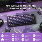 Freewolf M75 dviejų režimų belaidė klaviatūra, bluetooth+2.4g, valdymas mygtukais ir ekranas, 82 kompakti&scaron;ki pbt gradientiniai klavi&scaron;ų dangteliai, vaivoryk&scaron;tės ap&scaron;vietimas, konfliktų neturintys visi klavi&scaron;ai, skirti mac/win violetinė