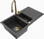 Granitinė virtuvinė plautuvė Mexen Matias su mai&scaron;ytuvu ir sifonu, Juodas granite+Gold