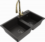 Granitinė virtuvinė plautuvė Mexen Tomas su mai&scaron;ytuvu ir sifonu, Metallic juodas/auksinis+Gold