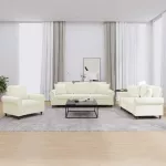 Sofa Sofos komplektas su pagalvėmis, 3 dalių, kreminis, aksomas