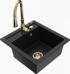 Granitinė virtuvinė plautuvė Mexen Vito su mai&scaron;ytuvu ir sifonu, Juodas+Gold