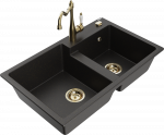 Granitinė virtuvinė plautuvė Mexen Tomas su mai&scaron;ytuvu ir sifonu, Metallic juodas/auksinis+Gold