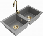 Granitinė virtuvinė plautuvė Mexen Mario su mai&scaron;ytuvu ir sifonu, Pilkas+Gold