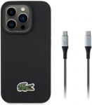 Lacoste Iconic Petit Pique Woven Logo MagSafe dėklas skirtas Apple iPhone 15 Pro juodos spalvos + USB-C/USB-C kabelis