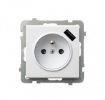 Ospel GP-1RZPUSB/m/75 SONATA Viengubas lizdas su įžeminimu ir srovės kelio sklendėmis, su USB įkrovikliu, matinės baltos spalvos GP-1RZPUSB/m/75