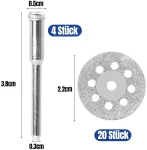 Deimantinis pjovimo diskas, 20 dalių pjūklo geležtė, 22 mm pjovimo diskų rinkinys, skirtas Dremel priedams, deimantinis diskas mini deimantinis pjovimo diskas su 4 vnt. 3 mm koteliu, skirtas medžiui, plytelėms, stiklui, akmeniui (20)