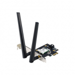 Asus PCE-AXE5400 "WiFi 6E PCI-E" adapteris su 2 i&scaron;orinėmis antenomis. Palaiko 6 GHz dažnių juostą, 160 MHz, Bluetooth 5.2, WPA3 tinklo apsaugą, OFDMA ir MU-MIMO