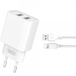 XO laidinis įkroviklis CE02C 2x USB 2,1A baltos spalvos + Lightning kabelis