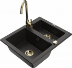 Granitinė virtuvinė plautuvė Mexen Carlos su mai&scaron;ytuvu ir sifonu, Metallic juodas/auksinis+Gold