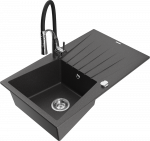Granitinė virtuvinė plautuvė Mexen Cesar su mai&scaron;ytuvu ir sifonu, Juodas granite+Juodas/Chrome