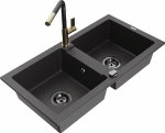 Granitinė virtuvinė plautuvė Mexen Mario su mai&scaron;ytuvu ir sifonu, Juodas granite+Juodas granite/Gold