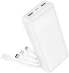 Ne&scaron;iojamasis įkroviklis Hoco 20000 mAh 2A su keturiais įmontuotais kabeliais USB A + USB C + Lightning + Micro USB J163A baltas
