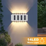 4 lauko saulės sieninių &scaron;viestuvų rinkinys, 14 led saulės &scaron;viestuvai sodui, ip65 atsparus vandeniui saulės sodo sieninis &scaron;viestuvas, &scaron;iltos baltos spalvos saulės &scaron;viestuvai, tvoros &scaron;viestuvas sienai, terasai, sodui, laiptams