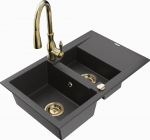 Granitinė virtuvinė plautuvė Mexen Gaspar su mai&scaron;ytuvu ir sifonu, Juodas granite+Gold