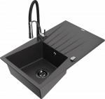 Granitinė virtuvinė plautuvė Mexen Cesar su mai&scaron;ytuvu ir sifonu, Juodas granite+Juodas/Chrome