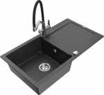 Granitinė virtuvinė plautuvė Mexen Leo su mai&scaron;ytuvu ir sifonu, Juodas granite+Juodas/Chrome