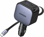 UGREEN 3‑in‑1 90 W automobilinis įkroviklis su 60 W i&scaron;traukiamu USB‑C laidu, 3x USB jungtys