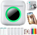 Ne&scaron;iojamas mini spausdintuvas i&scaron;maniesiems telefonams, belaidis terminis spausdintuvas su 7 popieriaus ritiniais, ki&scaron;eninis spausdintuvas be ra&scaron;alo, i&scaron;manusis &bdquo;bluetooth&ldquo; spausdintuvas etiketėms, spausdinimas (baltas)