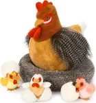 Makosas Morismos 37 cm auk&scaron;čio didelis gaidys, mink&scaron;tas žaislas Xxl, didelis kim&scaron;tinis gaidys Xxl su 3 vi&scaron;čiukais kiau&scaron;inyje, chickenteddy pliu&scaron;inis vi&scaron;čiukas krep&scaron;elyje, dovana vaikams