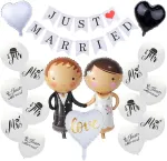 Vestuvių dekoracijų rinkinys "just Married", vestuvių dekoracija balta, balionai "just Married", foliniai balionai nuotaka ir jaunikis, girlianda "just Married" vestuvių sužadėtuvių vakarėlio dekoracija.